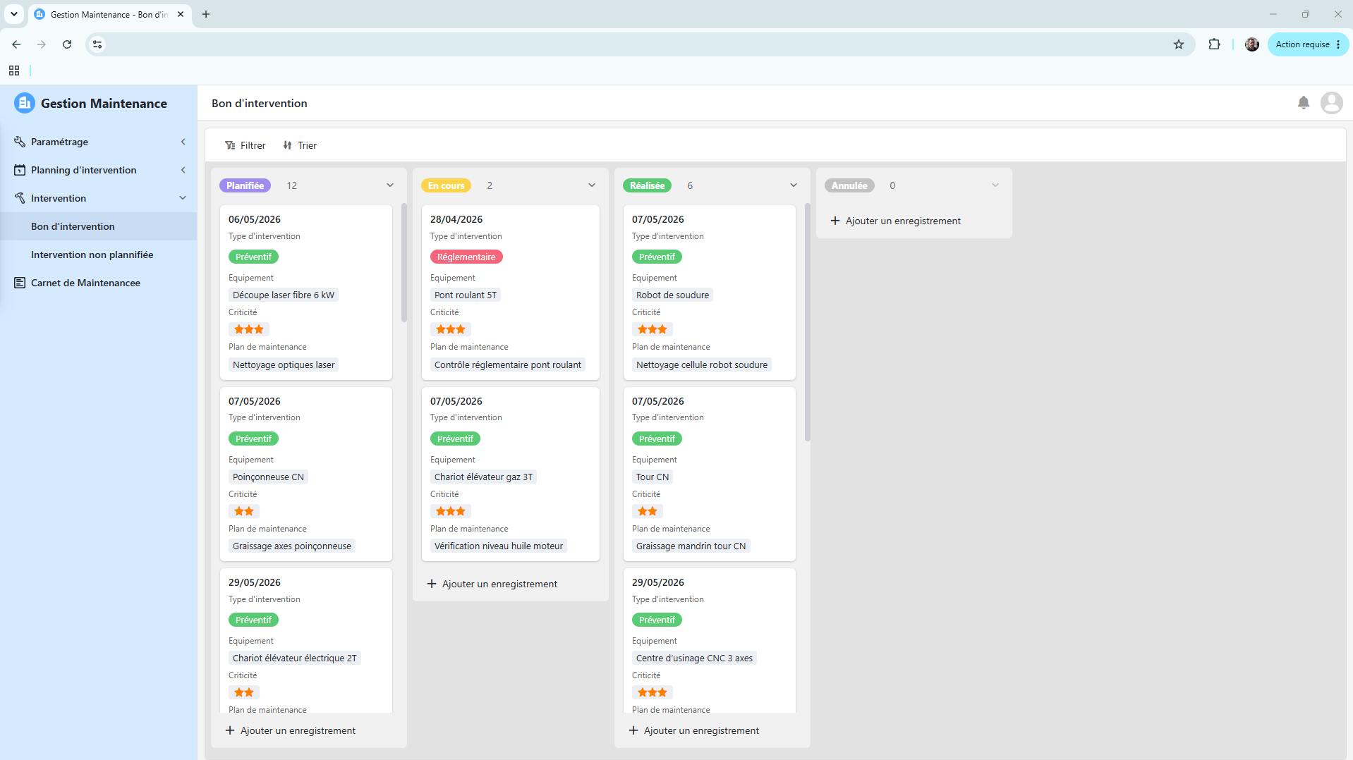 Gestion de la maintenance — vue 2