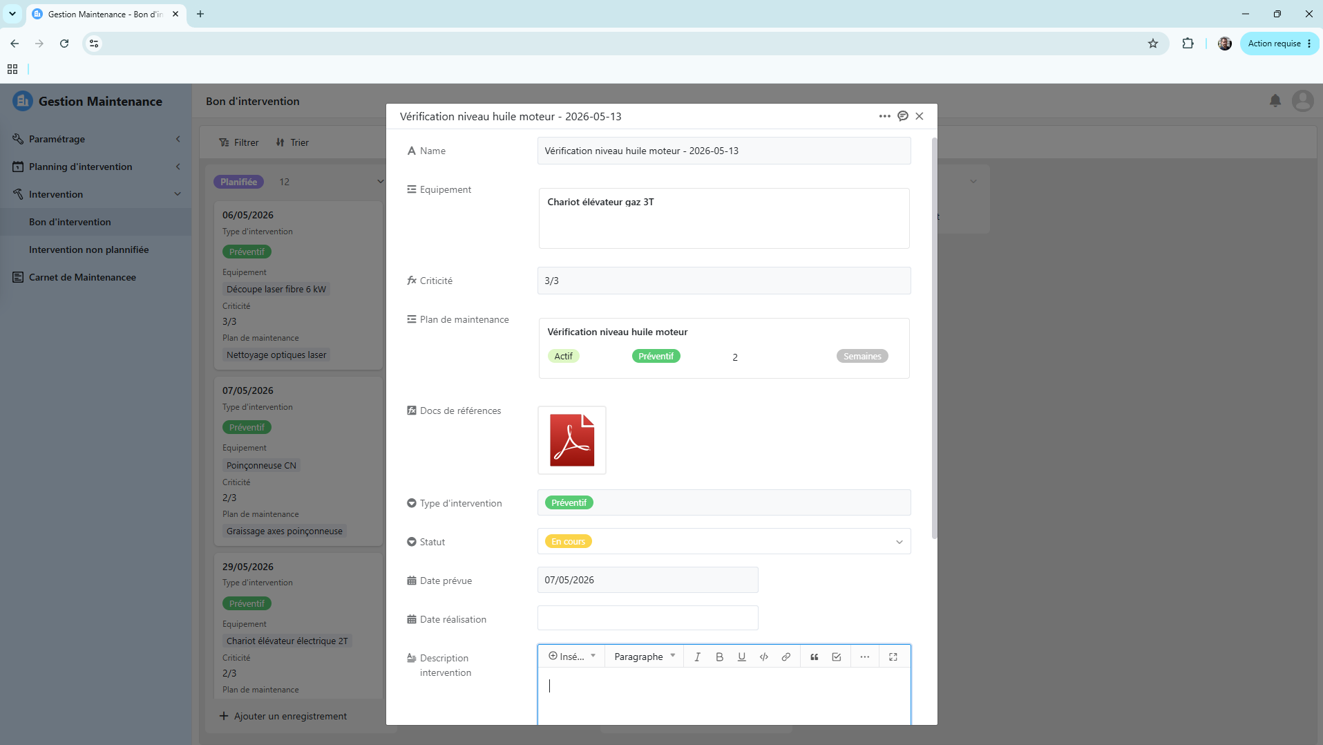 Gestion de la maintenance — vue 3