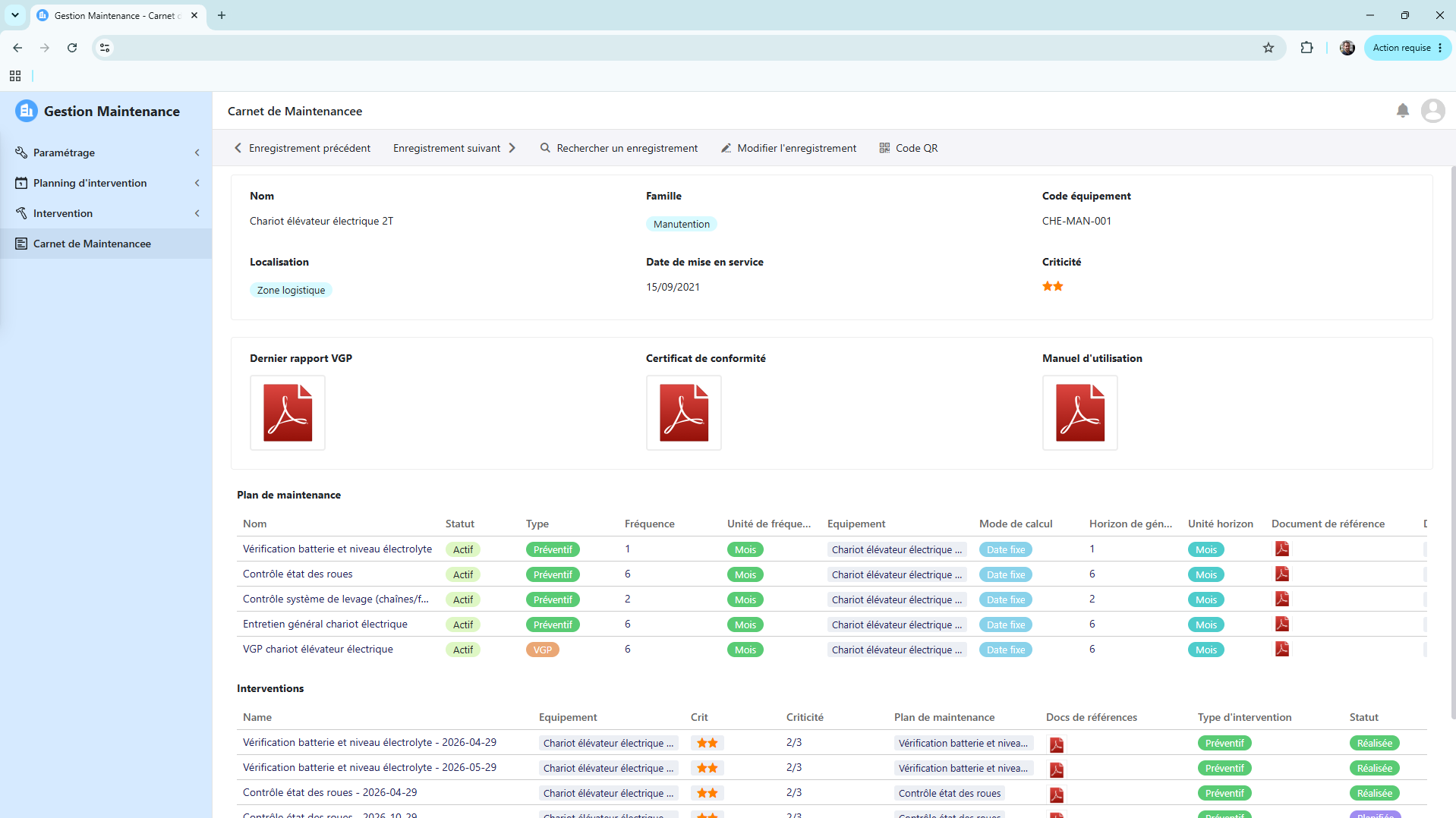 Gestion de la maintenance — vue 4