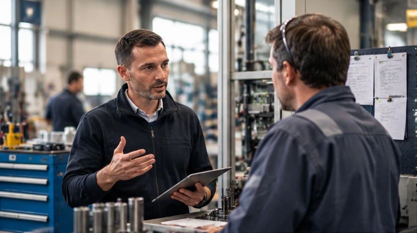 Échange entre un consultant et un opérateur, directement dans l'atelier