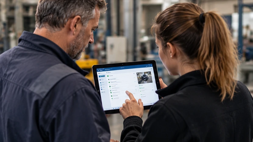 Deux personnes utilisant ensemble l'application sur une tablette, sur le terrain